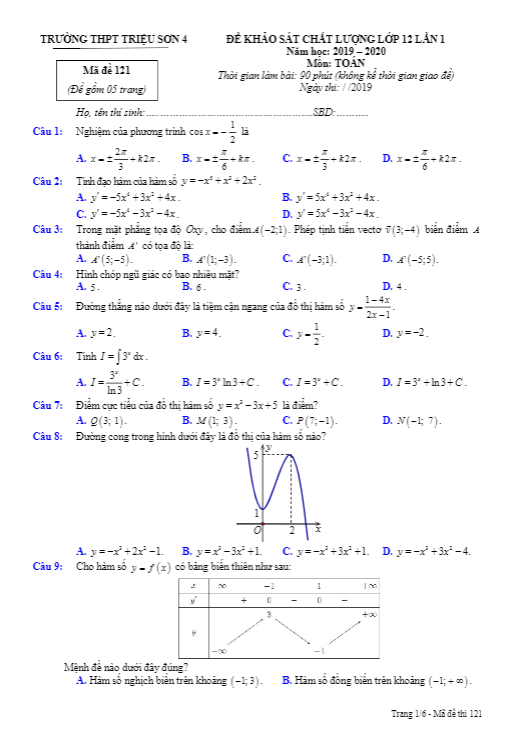 Đề khảo sát Toán 12 lần 1 năm 2019 2020 trường Triệu Sơn 4 Thanh Hóa