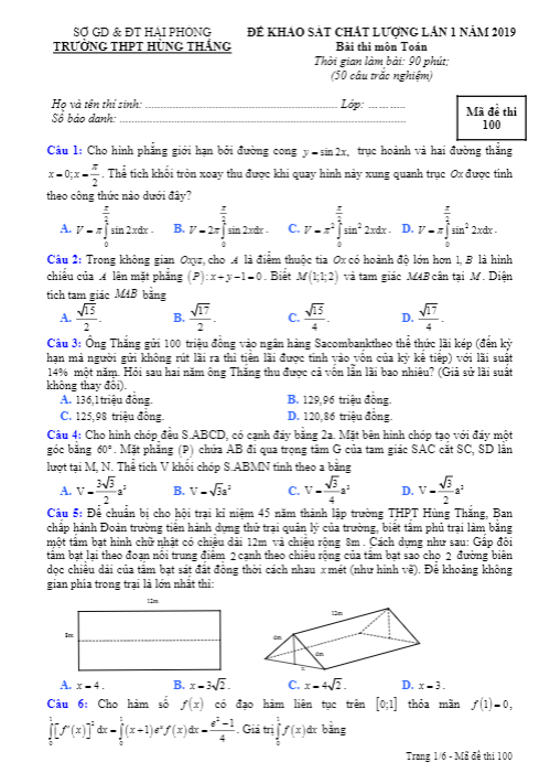 Đề khảo sát Toán 12 lần 1 năm 2019 trường THPT Hùng Thắng Hải Phòng