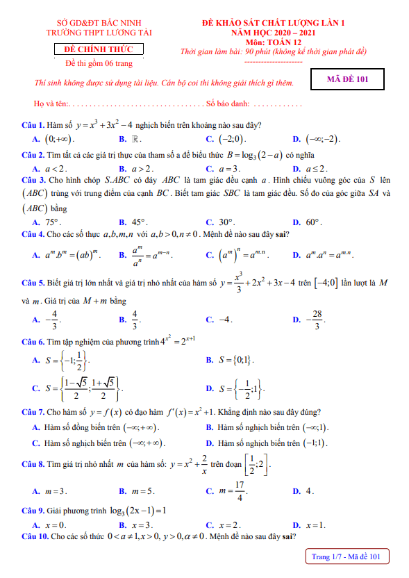 Đề khảo sát Toán 12 lần 1 năm 2020 2021 trường THPT Lương Tài Bắc Ninh