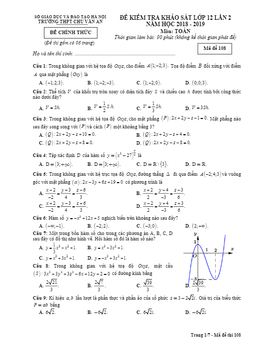 Đề khảo sát Toán 12 lần 2 năm 2018 2019 trường Chu Văn An Hà Nội
