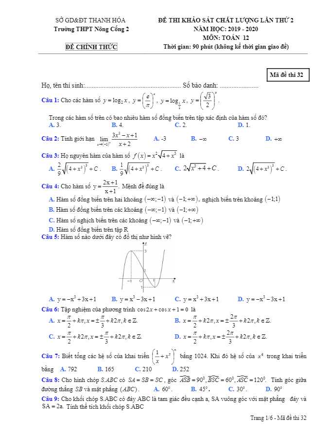 Đề khảo sát Toán 12 lần 2 năm 2019 2020 THPT Nông Cống 2 Thanh Hóa