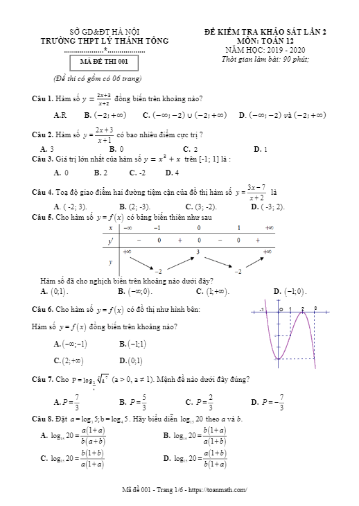 Đề khảo sát Toán 12 lần 2 năm 2019 2020 trường Lý Thánh Tông Hà Nội