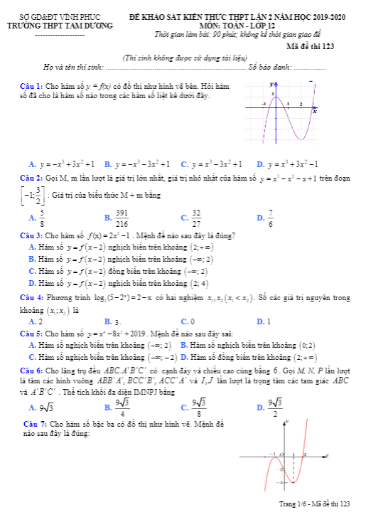 Đề khảo sát Toán 12 lần 2 năm 2019 2020 trường Tam Dương Vĩnh Phúc