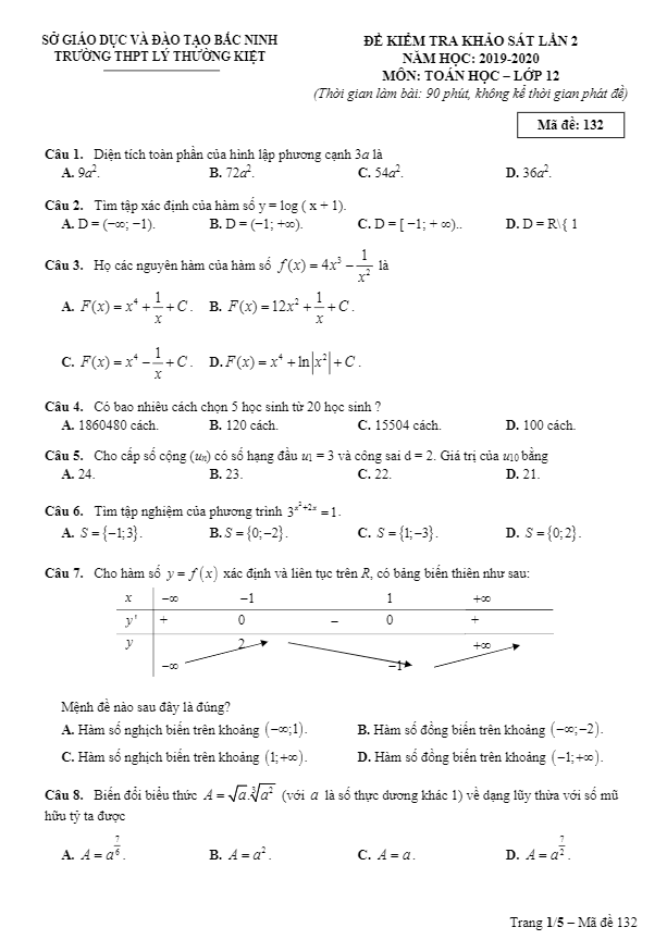 Đề khảo sát Toán 12 lần 2 năm 2019 2020 trường THPT Lý Thường Kiệt Bắc Ninh