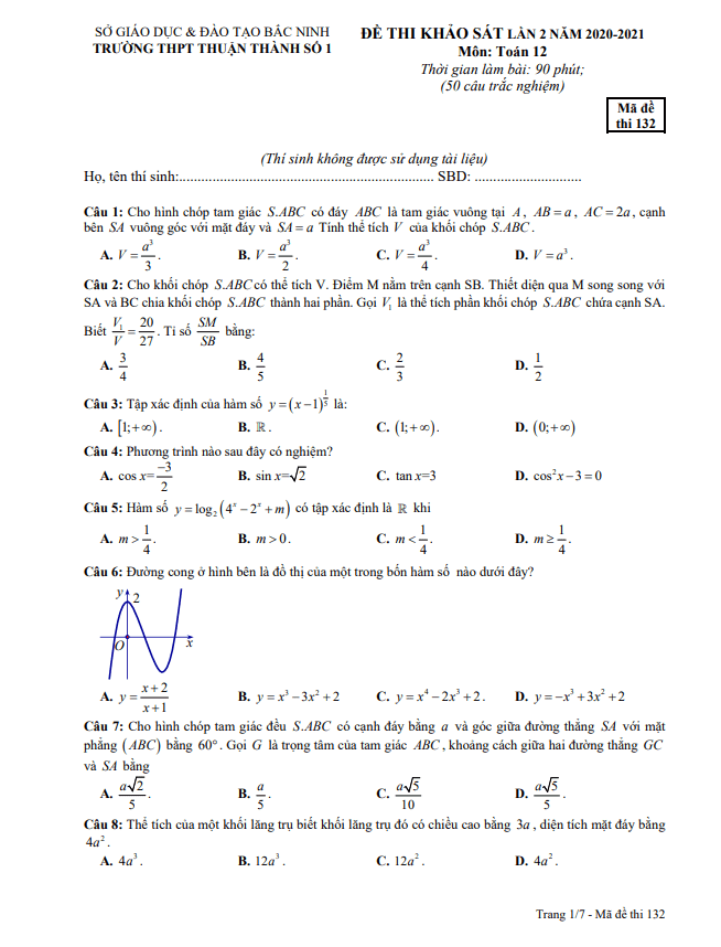 Đề khảo sát Toán 12 lần 2 năm 2020 2021 trường Thuận Thành 1 Bắc Ninh
