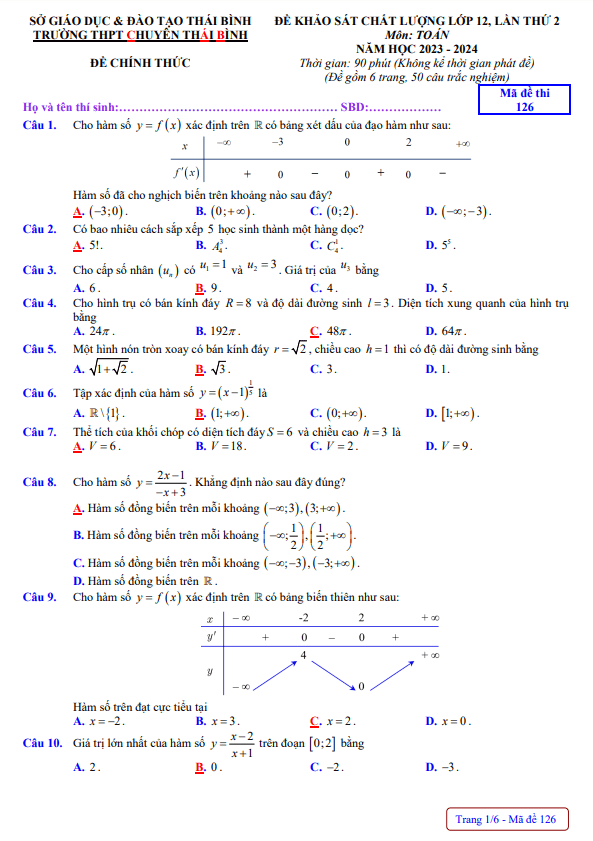 Đề khảo sát Toán 12 lần 2 năm 2023 2024 trường THPT chuyên Thái Bình