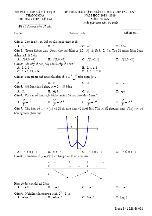 Đề khảo sát Toán 12 lần 3 năm 2018 2019 trường THPT Lê Lai Thanh Hóa