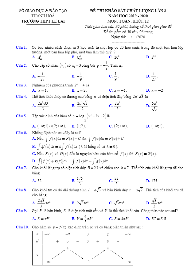 Đề khảo sát Toán 12 lần 3 năm 2019 2020 trường THPT Lê Lai Thanh Hóa
