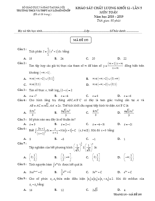 Đề khảo sát Toán 12 năm 2018 2019 trường M.V Lômônôxốp Hà Nội lần 5