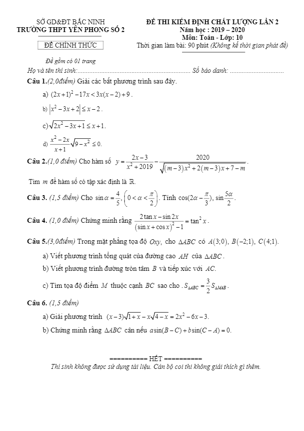 Đề kiểm định chất lượng Toán 10 lần 2 năm 2019 2020 trường THPT Yên Phong 2 Bắc Ninh