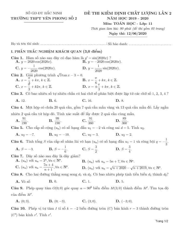 Đề kiểm định chất lượng Toán 11 lần 2 năm 2019 2020 trường THPT Yên Phong 2 Bắc Ninh