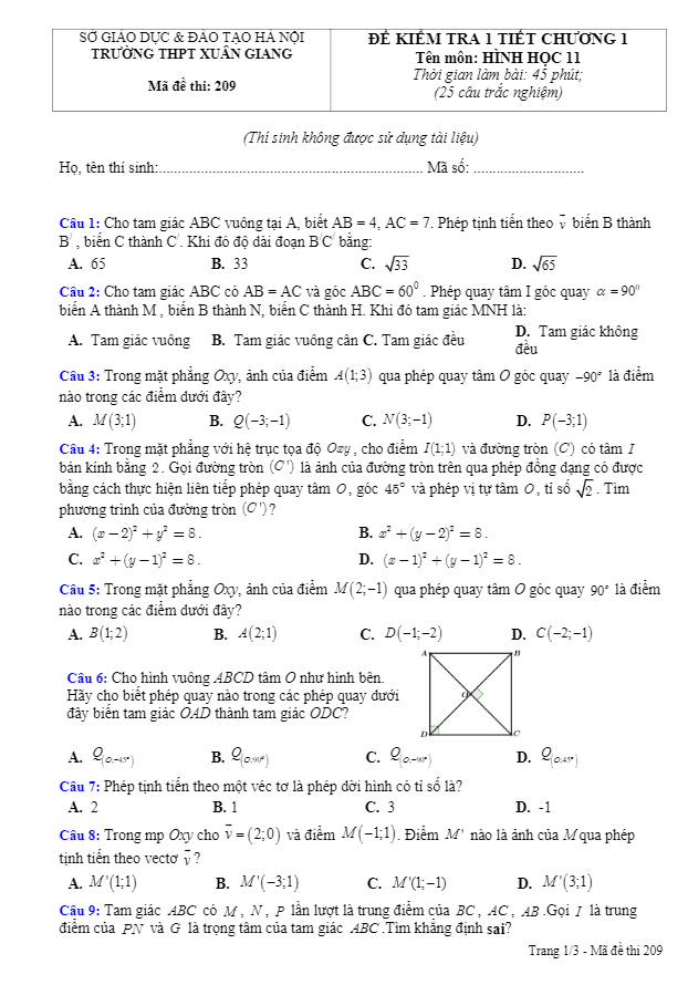 Đề kiểm tra 1 tiết chương 1 Hình học 11 trường THPT Xuân Giang Hà Nội