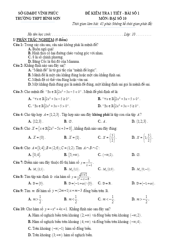 Đề kiểm tra 1 tiết Đại số 10 bài số 1 trường THPT Bình Sơn Vĩnh Phúc