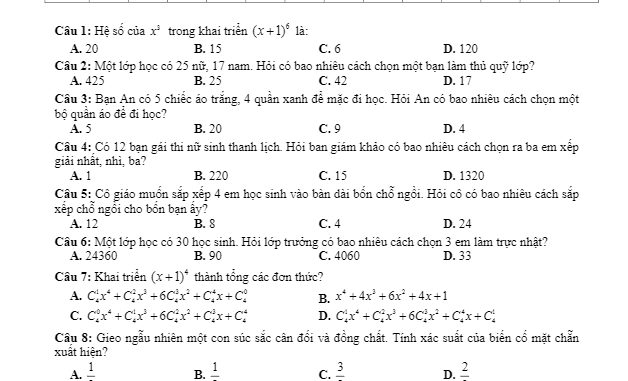 Đề kiểm tra 1 tiết Đại số và Giải tích 11 chương 2 trường Mộ Đức 2 Quảng Ngãi