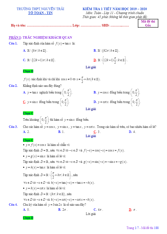 Đề kiểm tra 1 tiết ĐS&GT 11 chương 1 năm 2019 2020 trường Nguyễn Trãi Đà Nẵng