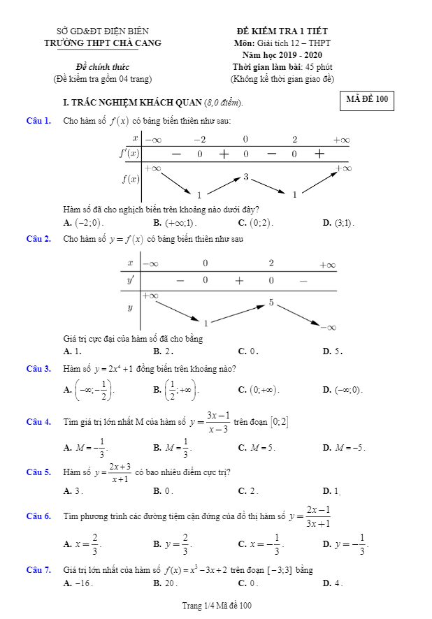 Đề kiểm tra 1 tiết Giải tích 12 chương 1 năm 2019 2020 trường Chà Cang Điện Biên