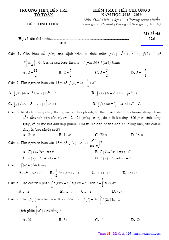 Đề kiểm tra 1 tiết Giải tích 12 chương 3 năm 2018 2019 trường Bến Tre Vĩnh Phúc