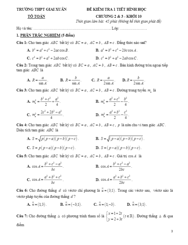 Đề kiểm tra 1 tiết Hình học 10 chương 2 & 3 năm 2018 2019 trường Giai Xuân Cần Thơ