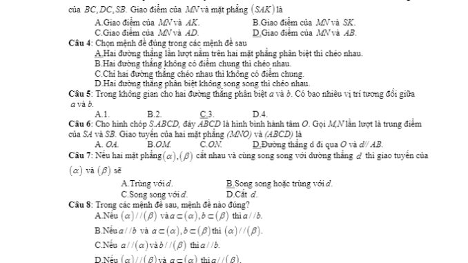 Đề kiểm tra 1 tiết Hình học 11 chương 2 & 3 năm 2018 2019 trường Giai Xuân Cần Thơ