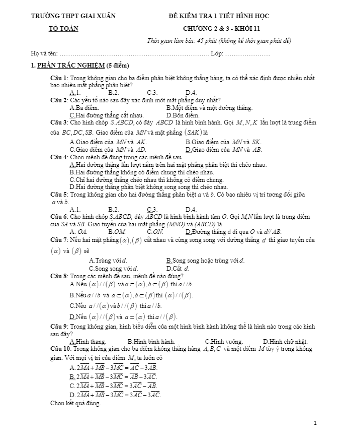 Đề kiểm tra 1 tiết Hình học 11 chương 2 & 3 năm 2018 2019 trường Giai Xuân Cần Thơ