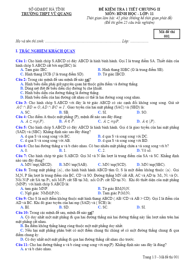 Đề kiểm tra 1 tiết Hình học 11 chương 2 trường THPT Vũ Quang Hà Tĩnh