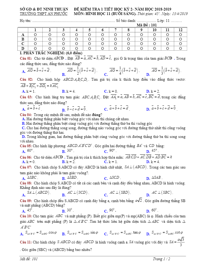 Đề kiểm tra 1 tiết Hình học 11 chương 3 năm 2018 2019 trường An Phước Ninh Thuận