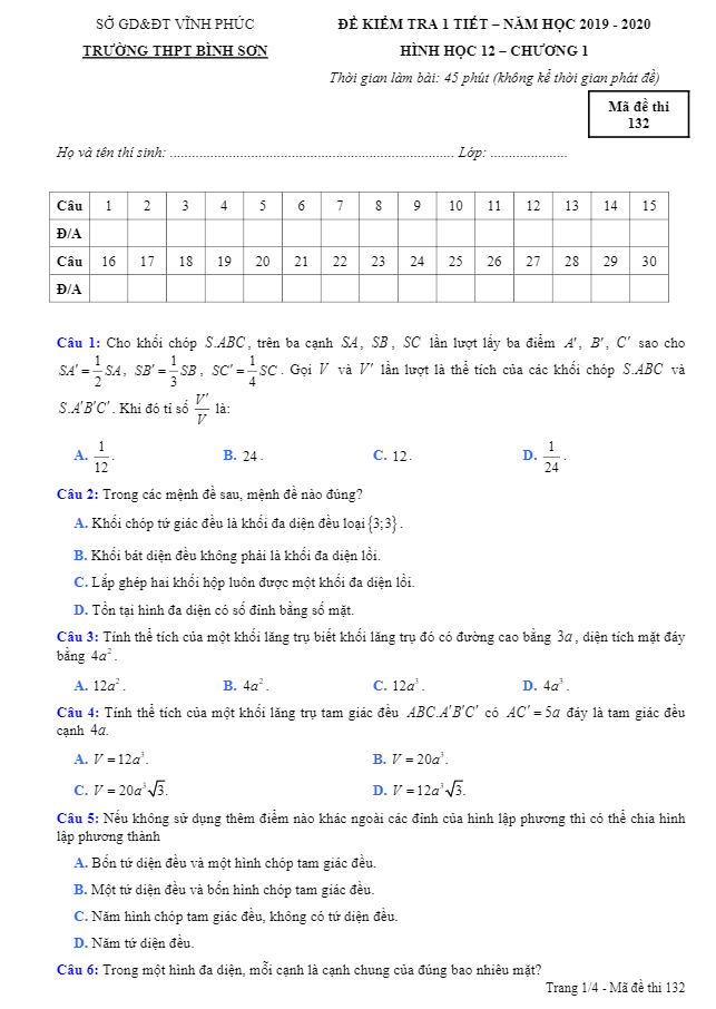 Đề kiểm tra 1 tiết Hình học 12 chương 1 năm 2019 2020 trường Bình Sơn Vĩnh Phúc