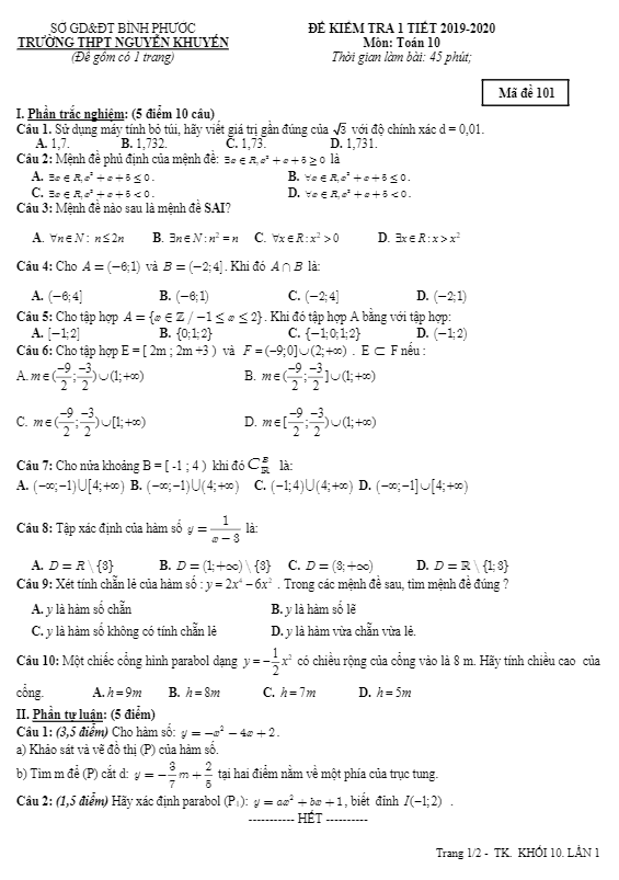 Đề kiểm tra 1 tiết Toán 10 năm 2019 2020 trường Nguyễn Khuyến Bình Phước
