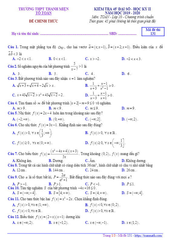 Đề kiểm tra 45' Đại số 10 HK2 năm 2019 2020 trường THPT Thanh Miện Hải Dương