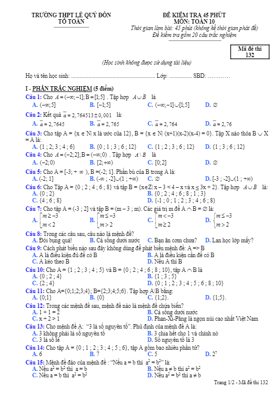 Đề kiểm tra 45 phút Đại số 10 chương 1 trường THPT Lê Quý Đôn Bình Phước