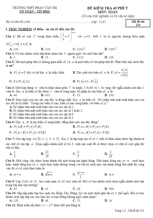 Đề kiểm tra 45 phút Đại số và Giải tích 11 chương 2 trường Phan Văn Trị Cần Thơ