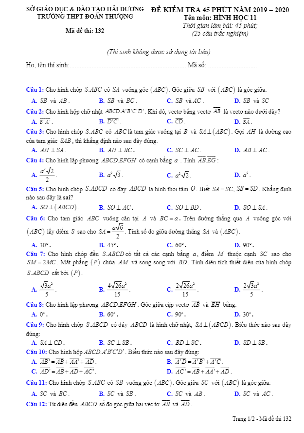 Đề kiểm tra 45 phút Hình học 11 chương 3 năm 2019 2020 trường Đoàn Thượng Hải Dương