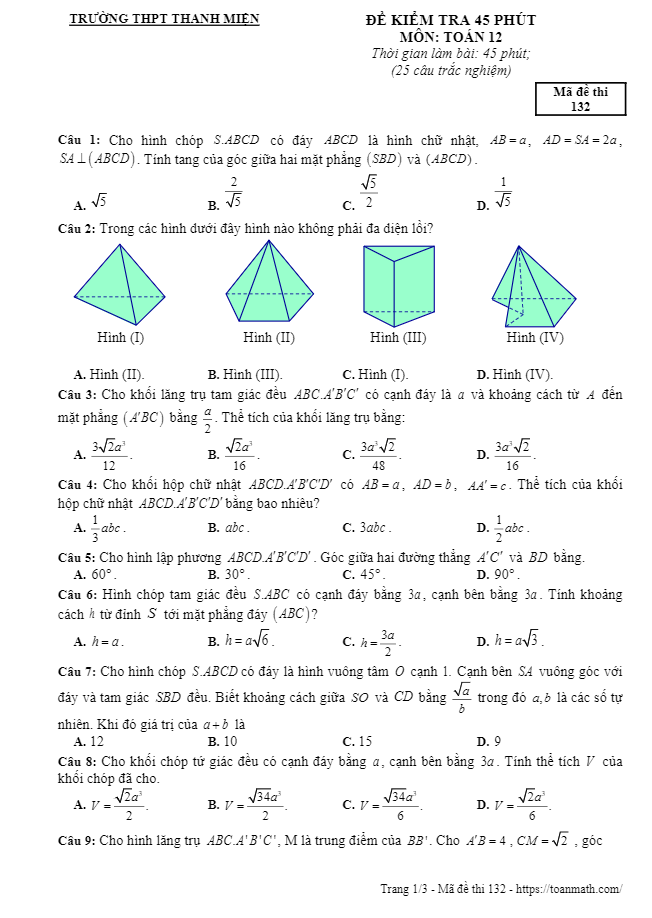 Đề kiểm tra 45 phút Hình học 12 chương 1 trường Thanh Miện Hải Dương