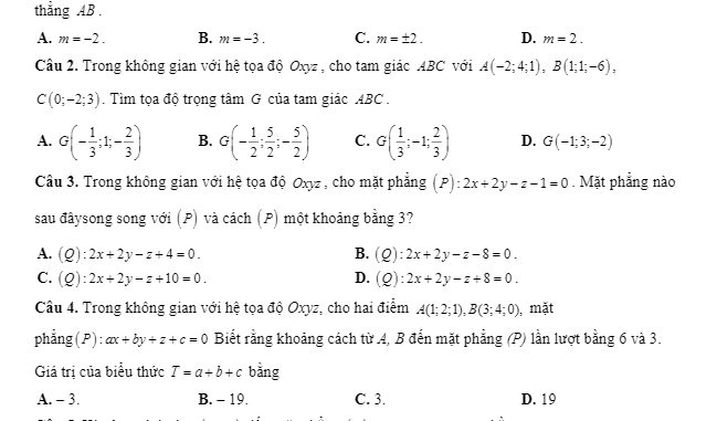 Đề kiểm tra 45 phút Hình học 12 chương 3 năm 2019 2020 trường Thanh Miện Hải Dương