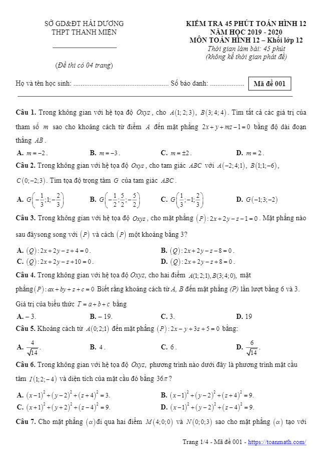 Đề kiểm tra 45 phút Hình học 12 chương 3 năm 2019 2020 trường Thanh Miện Hải Dương