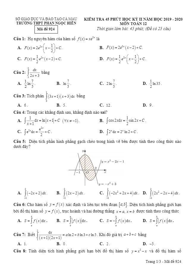 Đề kiểm tra 45 phút HK2 Toán 12 năm 2019 2020 trường THPT Phan Ngọc Hiển Cà Mau