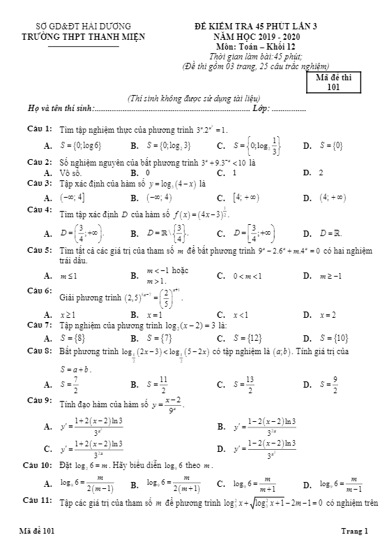Đề kiểm tra 45 phút lần 3 Toán 12 năm 2019 2020 trường Thanh Miện Hải Dương