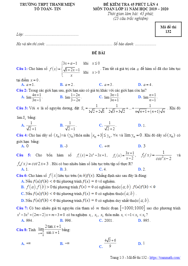 Đề kiểm tra 45 phút lần 4 Toán 11 năm 2019 2020 trường THPT Thanh Miện Hải Dương