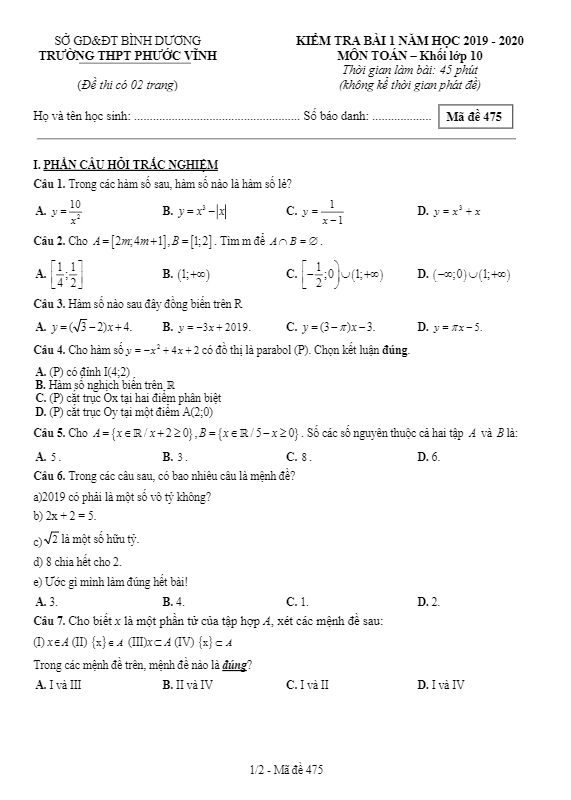 Đề kiểm tra bài 1 Toán 10 năm 2019 2020 trường Phước Vĩnh Bình Dương