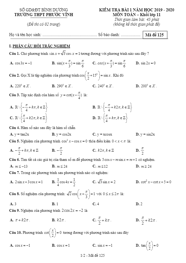 Đề kiểm tra bài 1 Toán 11 năm 2019 2020 trường Phước Vĩnh – Bình Dương