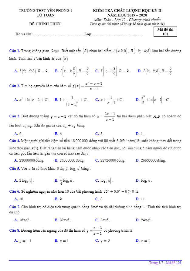 Đề kiểm tra chất lượng HK2 Toán 12 năm 2019 2020 trường Yên Phong 1 Bắc Ninh