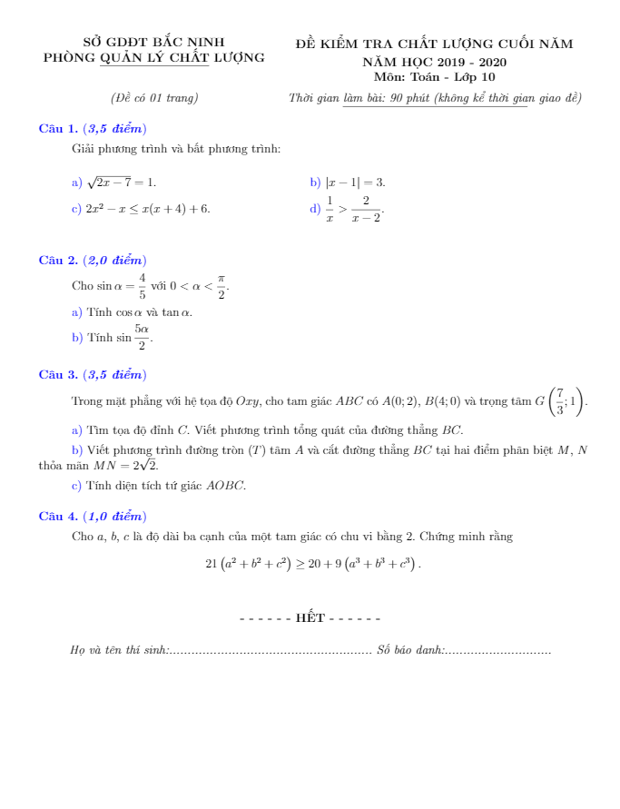 Đề kiểm tra chất lượng Toán 10 cuối năm học 2019 2020 sở GD&ĐT Bắc Ninh