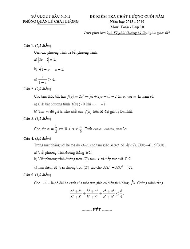 Đề kiểm tra chất lượng Toán 10 năm 2018 2019 sở GD&ĐT Bắc Ninh
