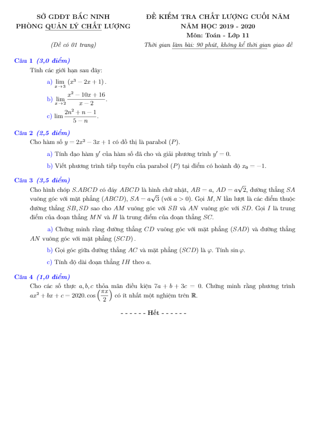 Đề kiểm tra chất lượng Toán 11 cuối năm học 2019 2020 sở GD&ĐT Bắc Ninh