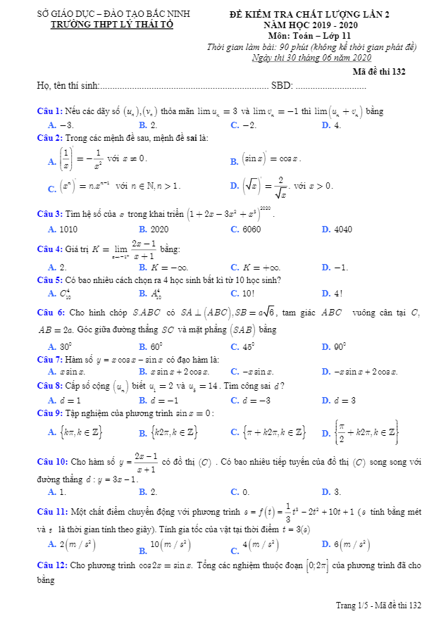Đề kiểm tra chất lượng Toán 11 lần 2 năm 2019 2020 trường THPT Lý Thái Tổ Bắc Ninh