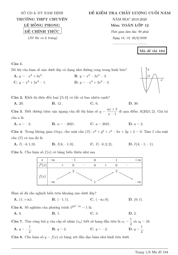 Đề kiểm tra chất lượng Toán 12 cuối năm 2019 2020 trường chuyên Lê Hồng Phong Nam Định