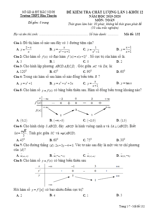 Đề kiểm tra chất lượng Toán 12 lần 1 năm 2019 2020 trường Hàn Thuyên Bắc Ninh