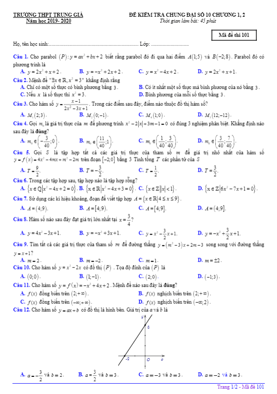 Đề kiểm tra chung Đại số 10 chương 1 2 năm 2019 2020 trường Trung Giã Hà Nội