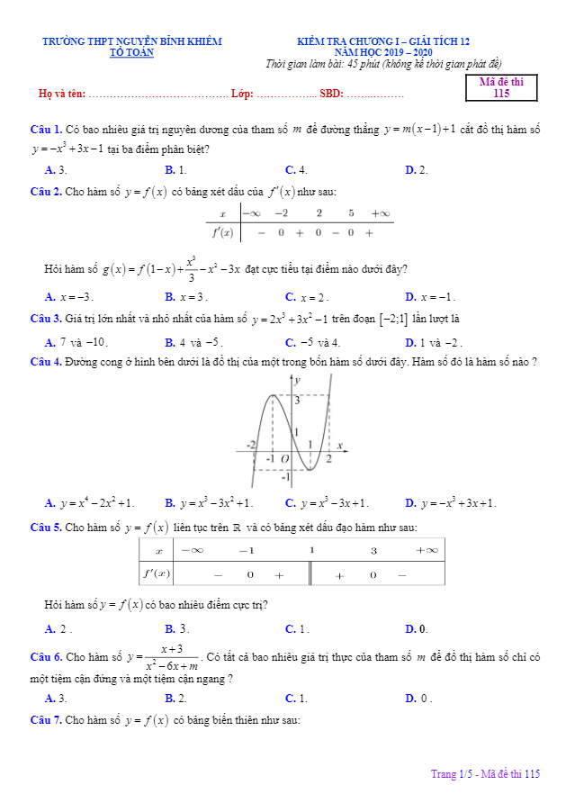Đề kiểm tra chương 1 Giải tích 12 năm 2019 2020 trường Nguyễn Bỉnh Khiêm Gia Lai