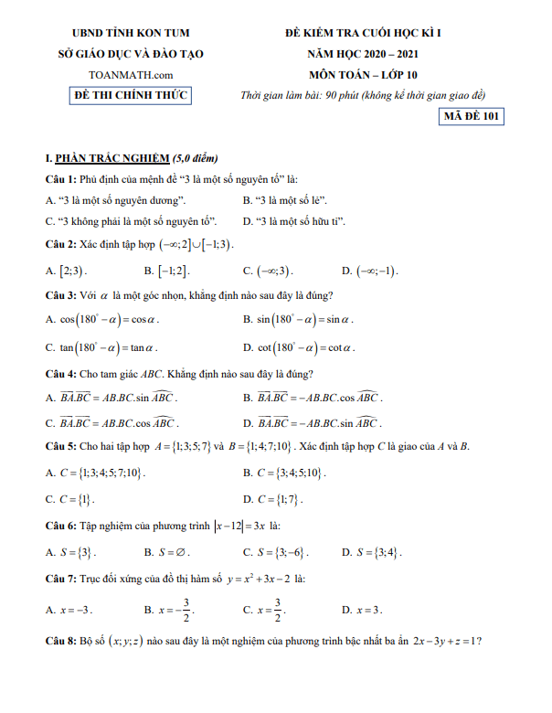Đề kiểm tra cuối học kì 1 Toán 10 năm 2020 2021 sở GD&ĐT Kon Tum